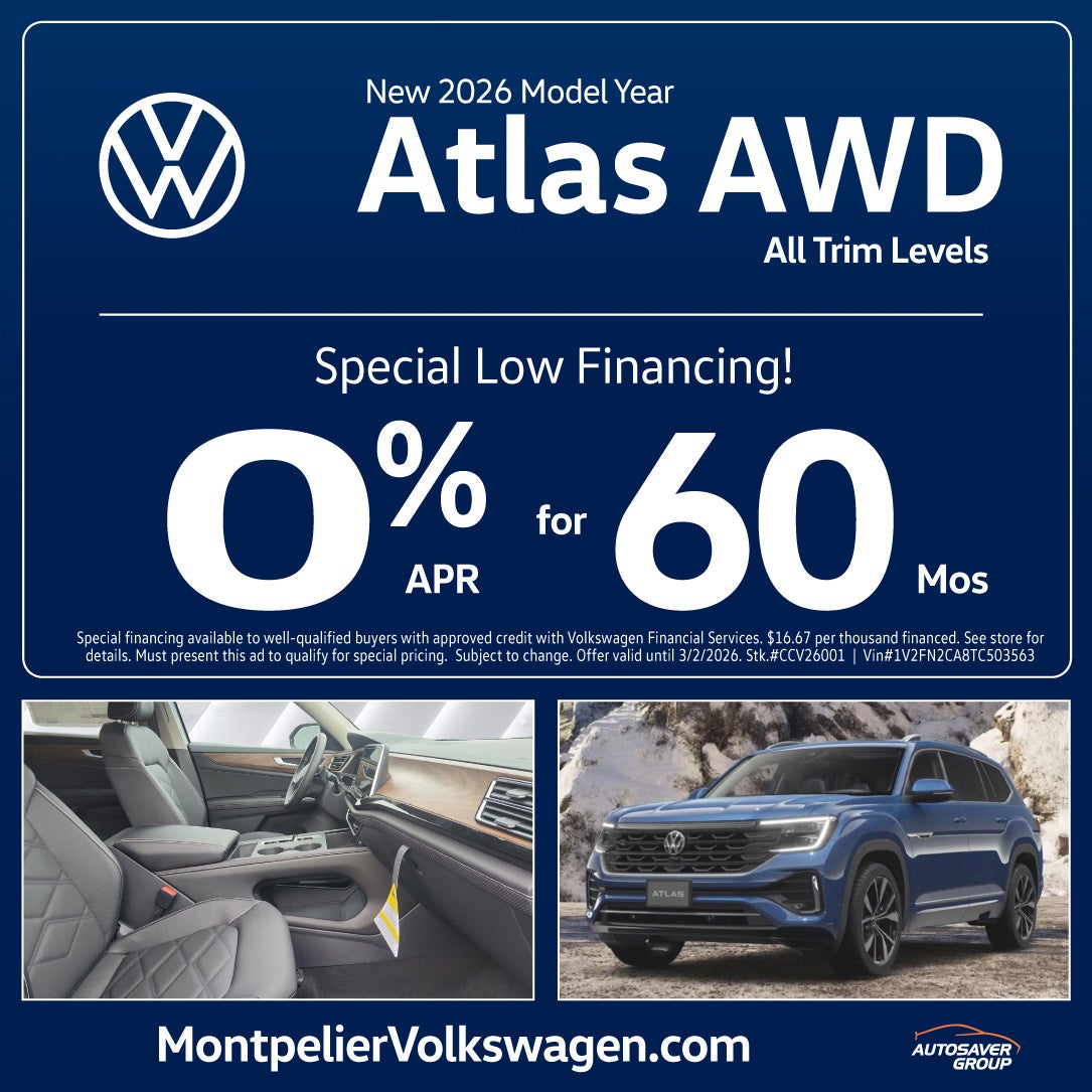 0% FINANCING ON NEW VW ATLAS IN MONTPELIER, VT!
